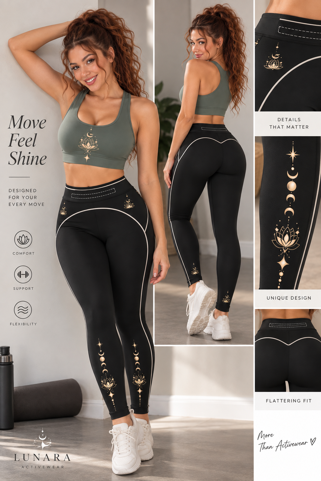 LUNARA activewear product styling and color reference