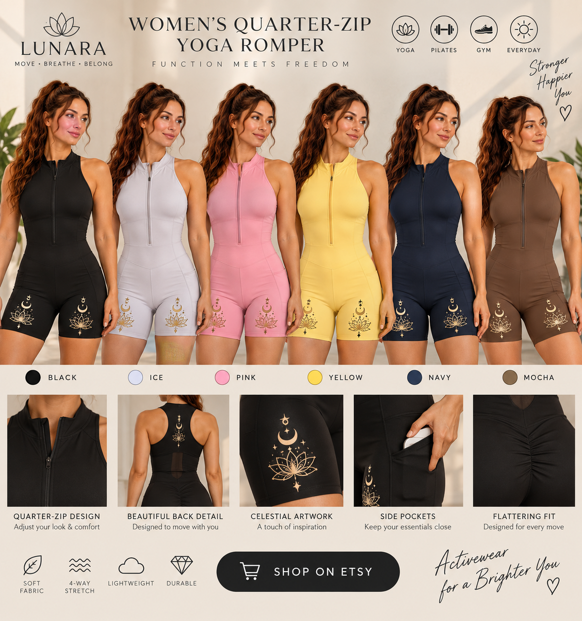 LUNARA activewear product styling and color reference