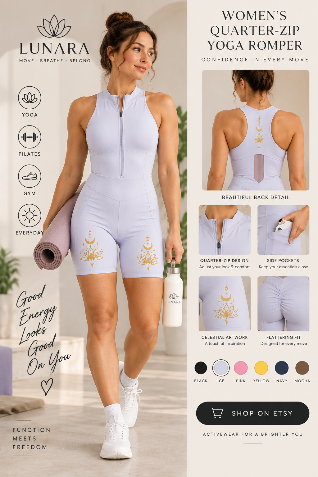 LUNARA activewear product styling and color reference